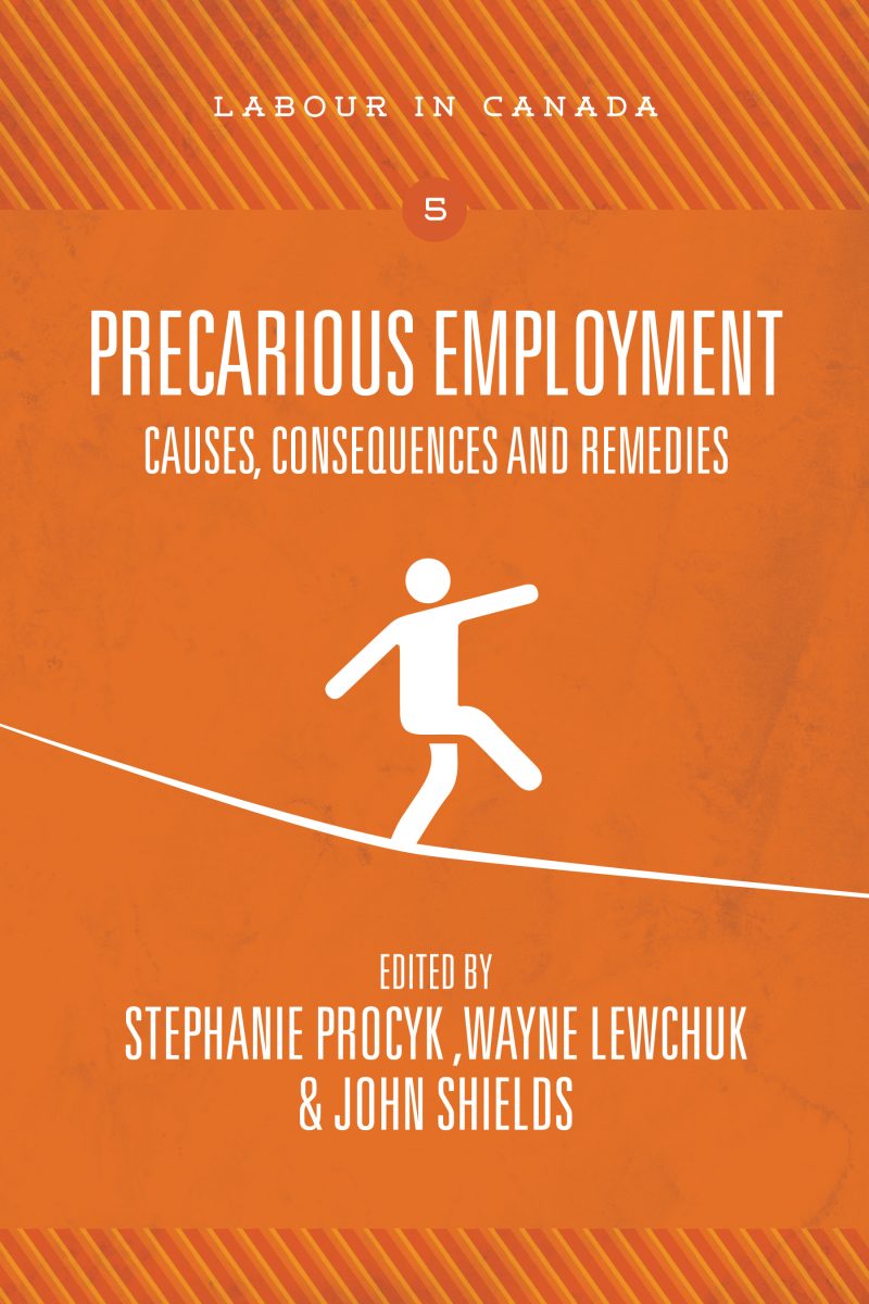 Book cover for "Precarious Employment: Causes, Consequences and Remedies" featuring a figure balancing on a tightrope against an orange background.