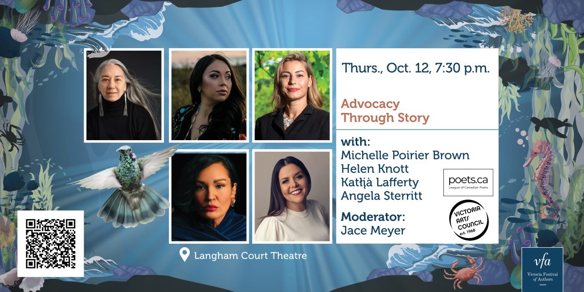 Event poster for "Advocacy Through Story" featuring five panelists, scheduled for Thursday, October 12 at 7:30 p.m. at Langham Court Theatre.