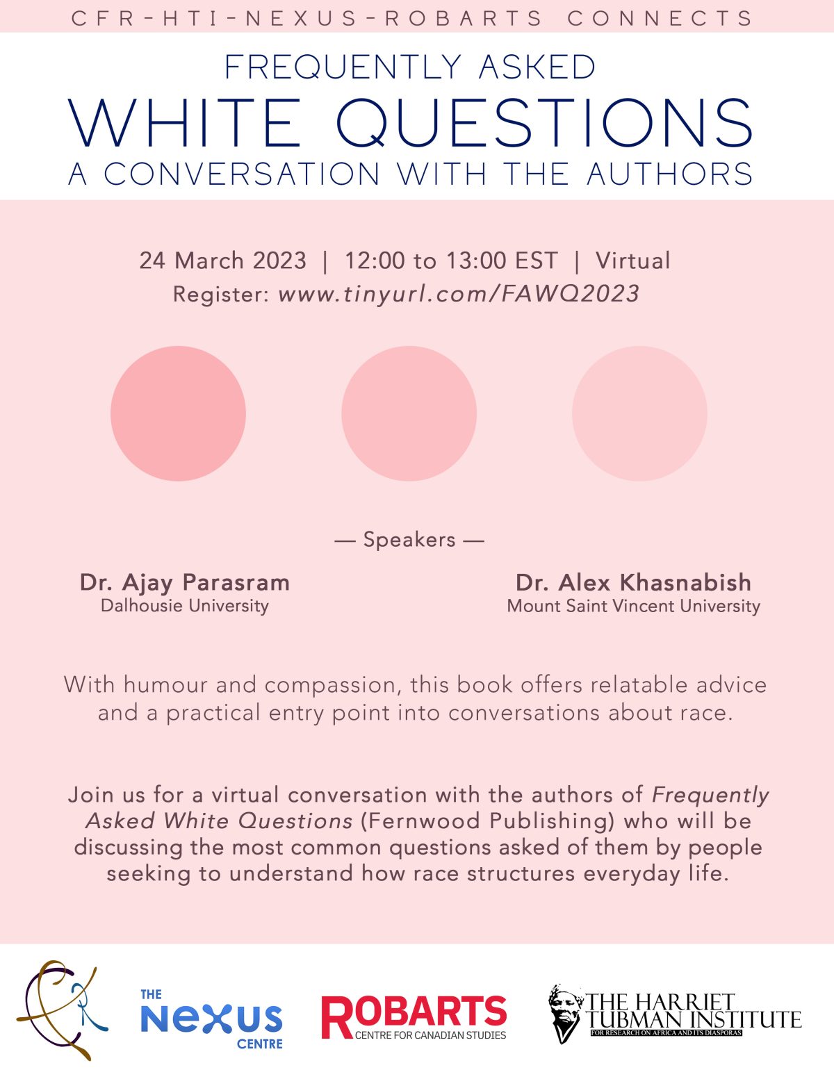 Event poster for "Frequently Asked White Questions" featuring speakers Dr. Ajay Parasram and Dr. Alex Khasnabish on March 24, 2023.