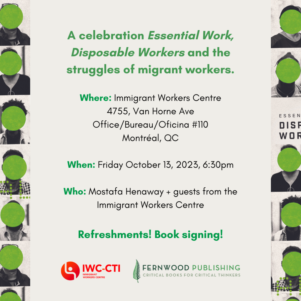 Event poster for celebration of essential and disposable workers at Immigrant Workers Centre in Montreal on October 13, 2023.