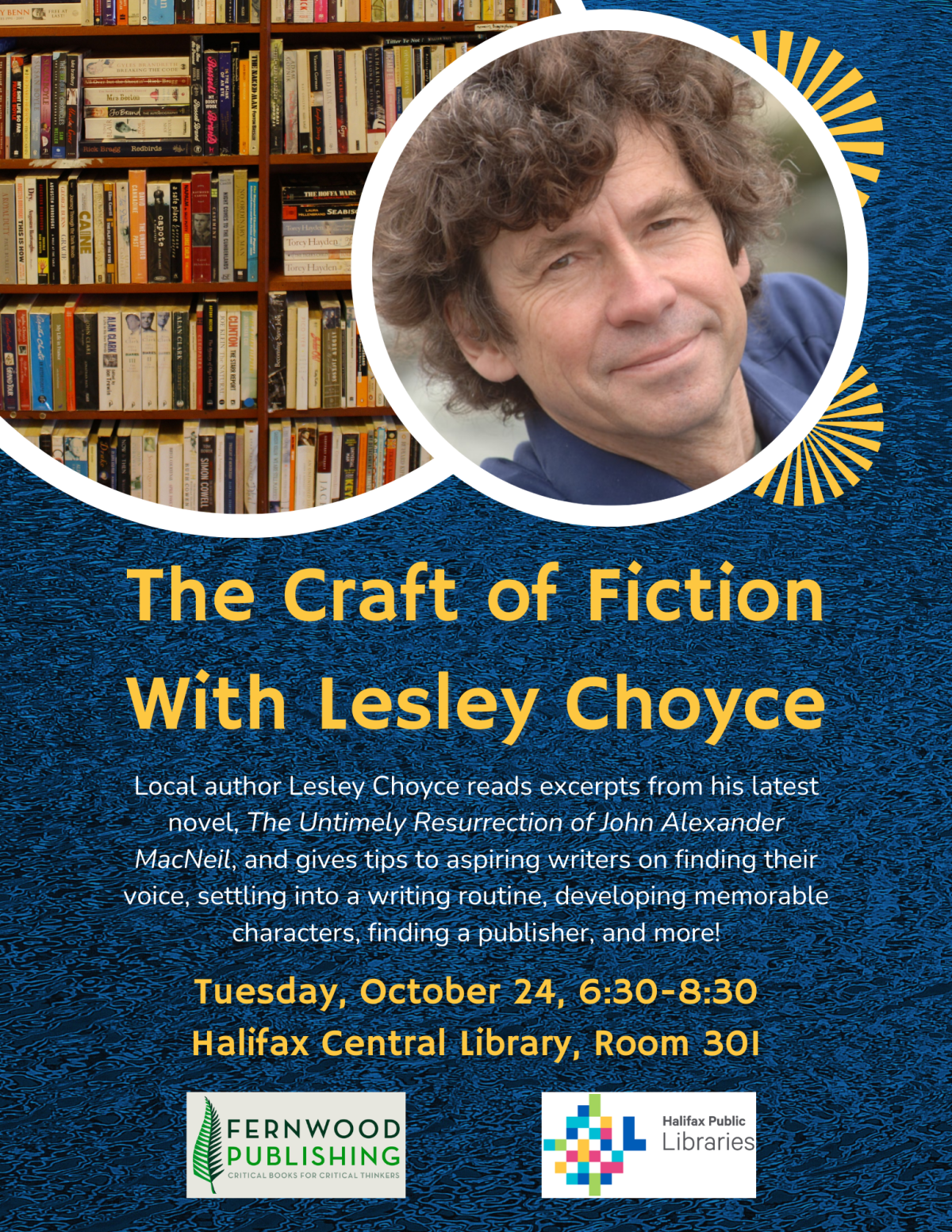 Promotional poster for "The Craft of Fiction" event with Lesley Choyce on Tuesday, October 24 at Halifax Central Library.