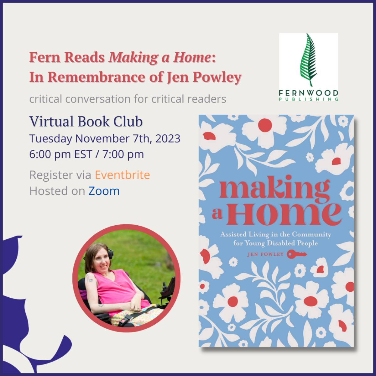 Promotional flyer for virtual book club discussing "Making a Home" by Jen Powley on November 7th, 2023 via Zoom.