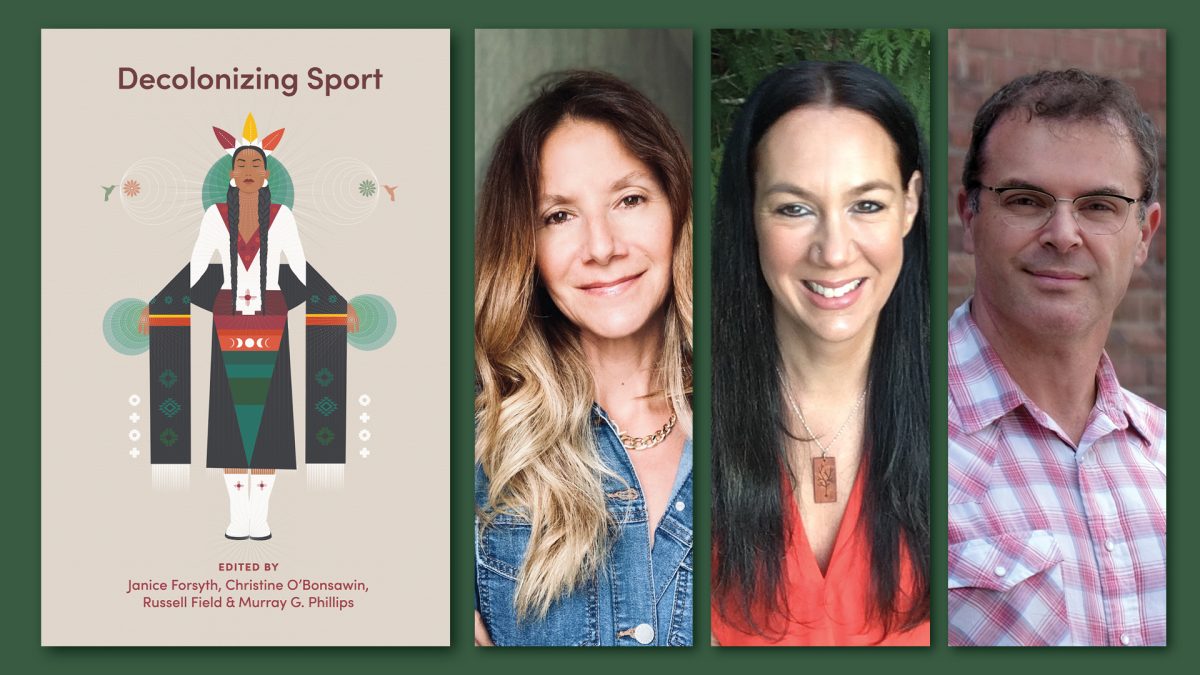 Book cover for "Decolonizing Sport" with editors' headshots: three people with varying appearances displayed side by side.