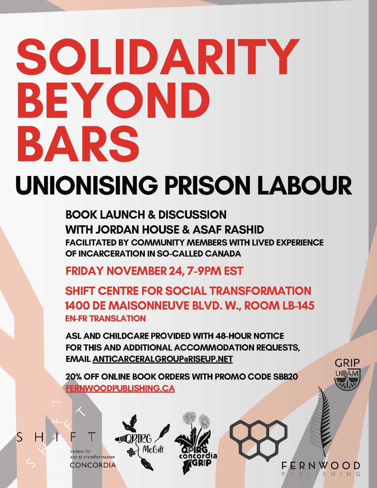 Poster for "Solidarity Beyond Bars" book launch on prison labour unionization, November 24, 7-9pm EST at Shift Centre, Montreal.