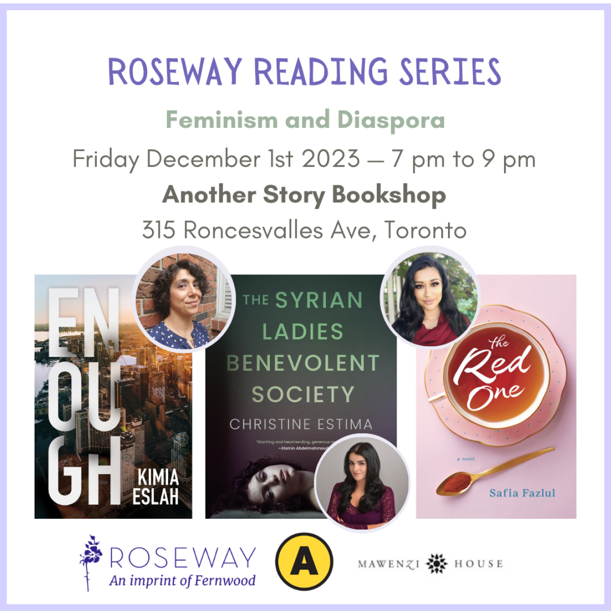 Roseway Reading Series flyer for "Feminism and Diaspora" event on December 1st, 2023, featuring three book covers and author photos.