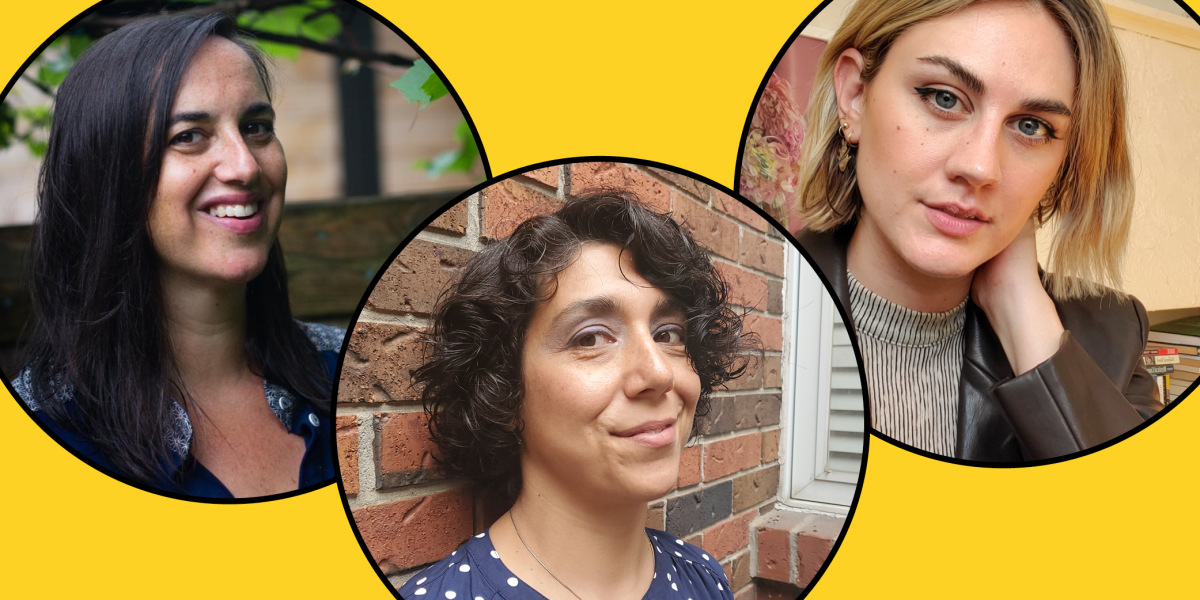 Three circular portraits of people arranged on a yellow background, showing different individuals in various indoor and outdoor settings.