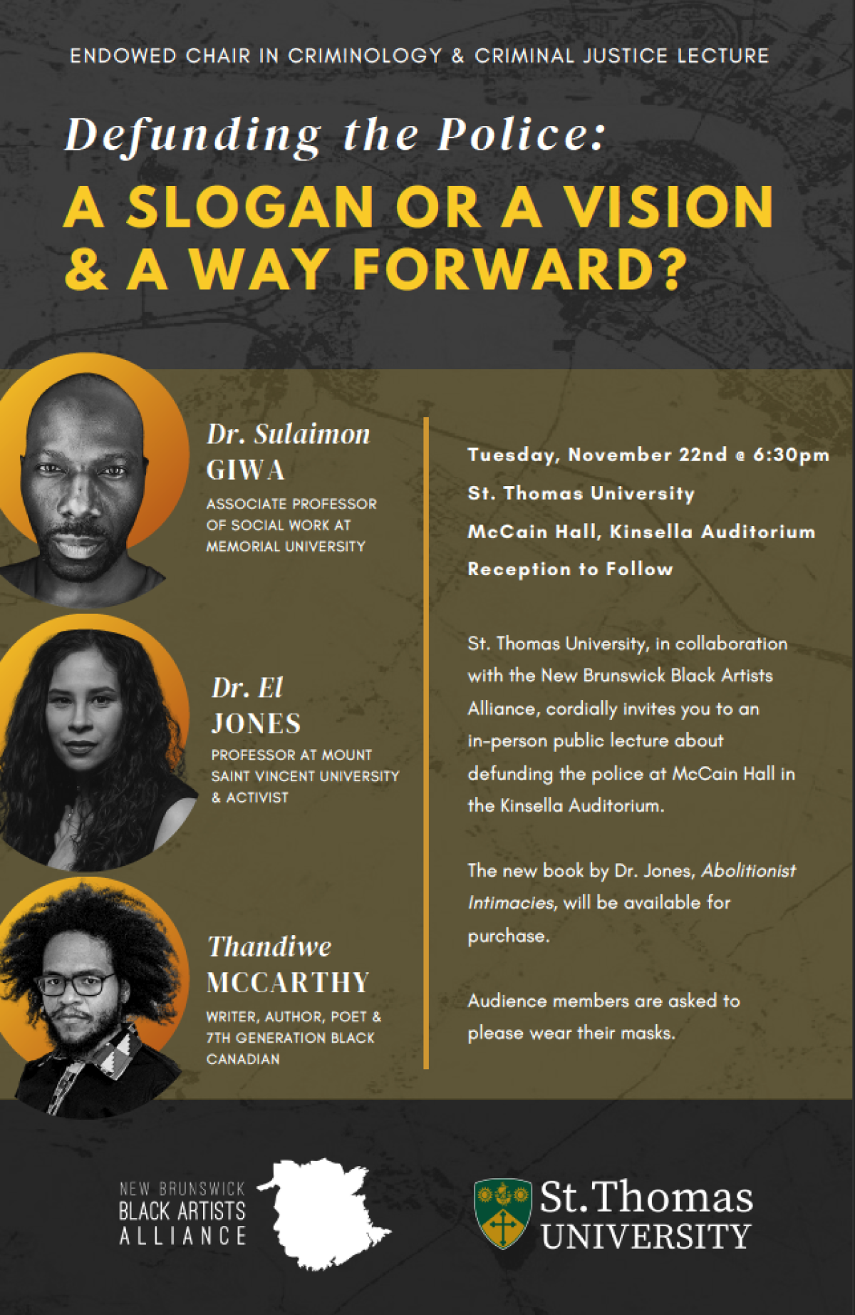 Promotional poster for a lecture on defunding police featuring three speakers at St. Thomas University on November 22nd.