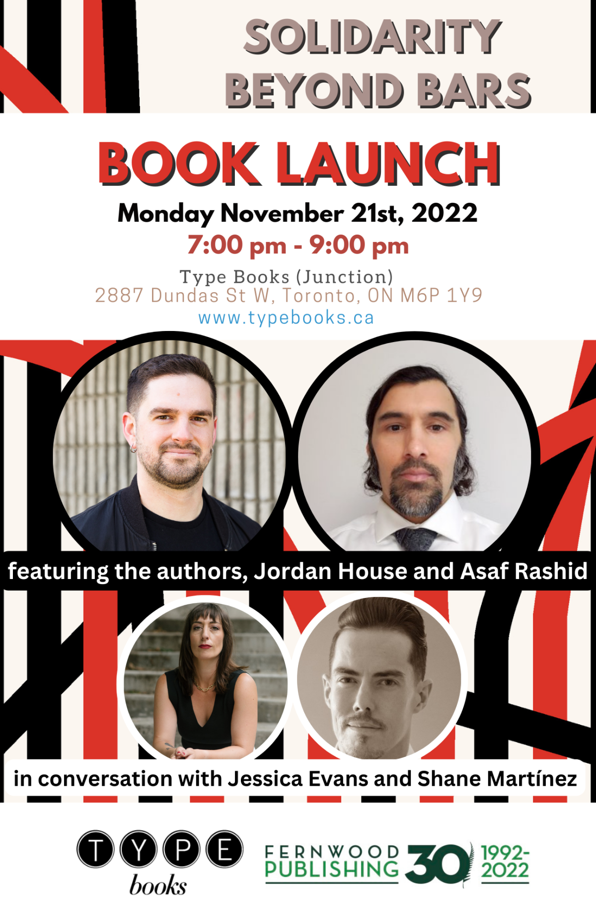 Promotional flyer for "Solidarity Beyond Bars" book launch on November 21st, 2022 at Type Books in Toronto, featuring authors Jordan House and Asaf Rashid.