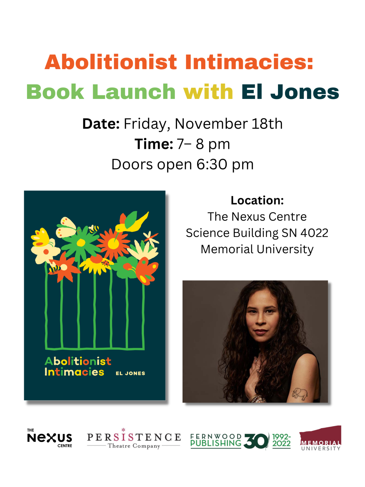 Promotional poster for "Abolitionist Intimacies" book launch with El Jones at Memorial University on November 18th, 7-8pm.