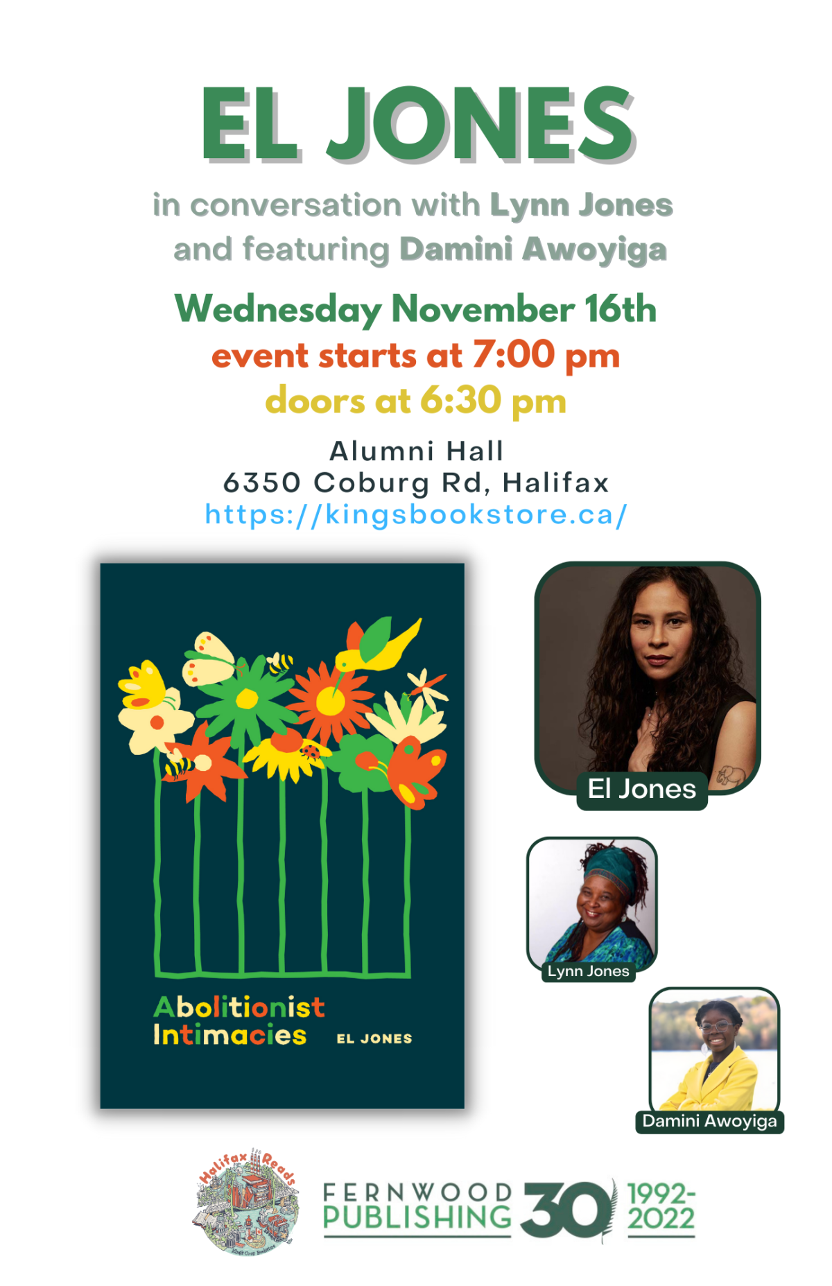 Event poster for El Jones book launch on November 16th at Alumni Hall in Halifax, featuring conversation with Lynn Jones and Damini Awoyiga.