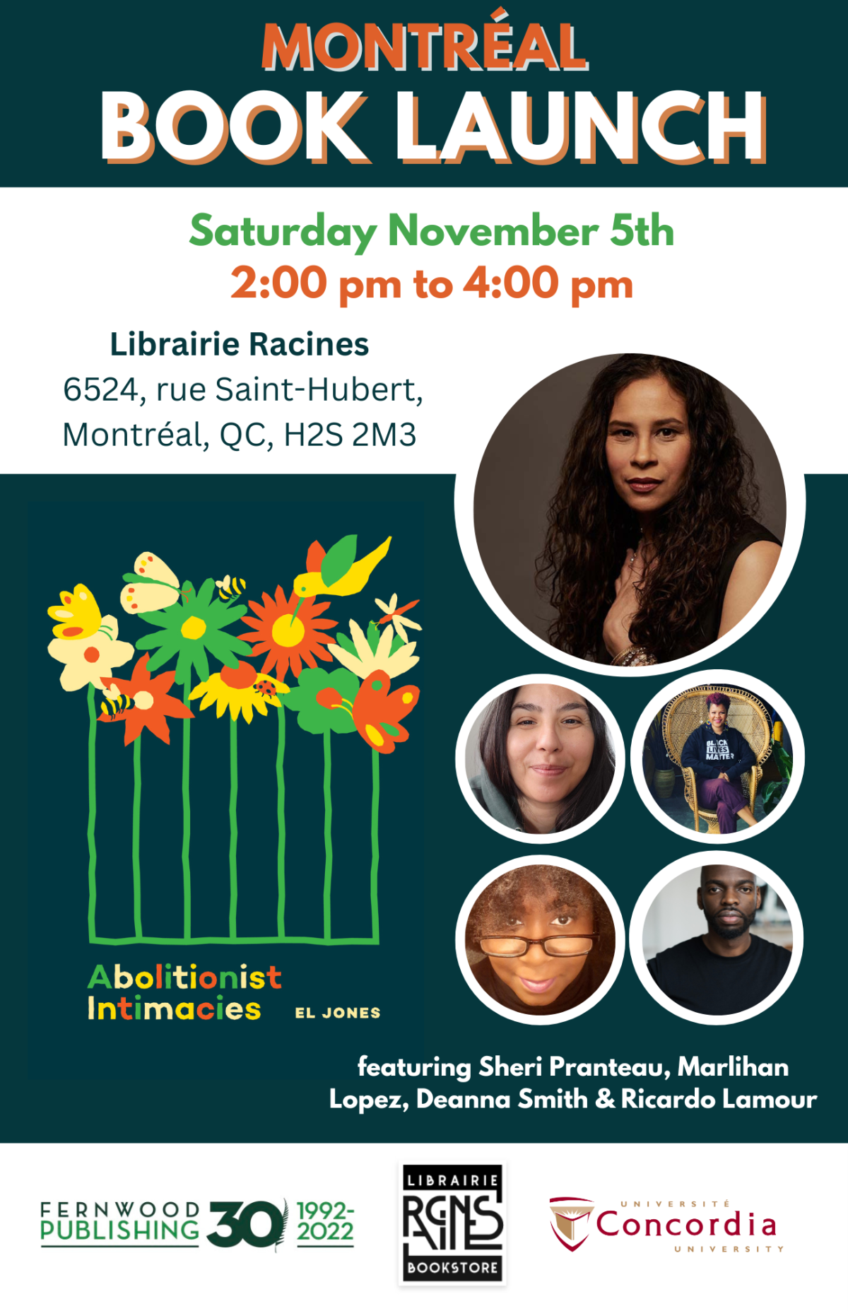 Montreal book launch poster for "Abolitionist Intimacies" by El Jones, November 5th at Librairie Racines, featuring five contributors.