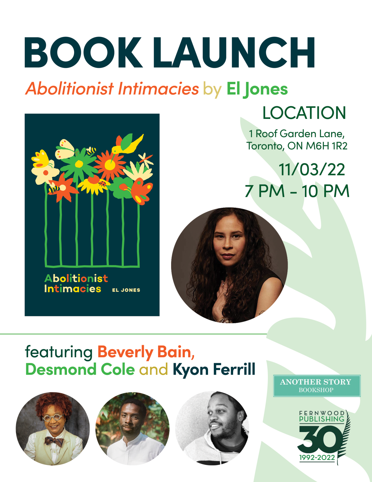 Book launch poster for "Abolitionist Intimacies" by El Jones featuring three speakers and event details for November 3, 2022 in Toronto.