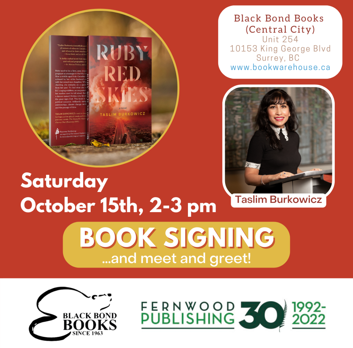 Book signing event poster for "Ruby Red Skies" by Taslim Burkowicz at Black Bond Books on October 15th, 2-3 pm.