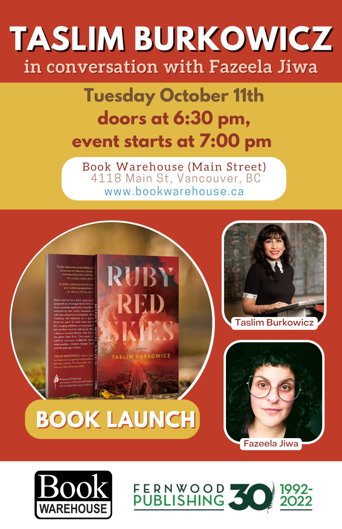 Event poster for Taslim Burkowicz book launch on October 11th at Book Warehouse Vancouver, featuring Ruby Red Skies.