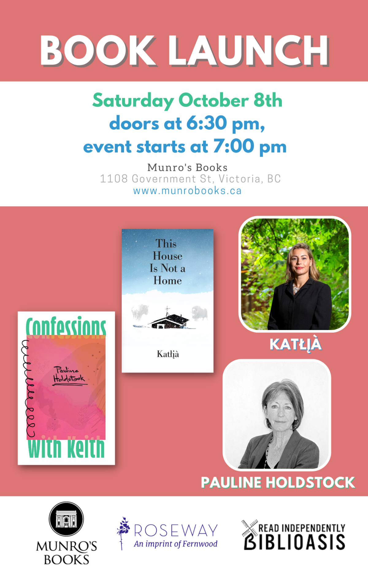 Book launch poster for October 8th at Munro's Books featuring authors Katja and Pauline Holdstock.