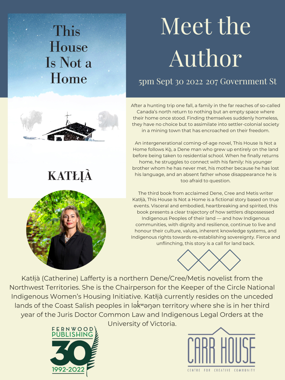 Book event poster for "This House Is Not a Home" by Katìa Lafferty, featuring book cover, author photo, and event details for Sept 30, 2022.