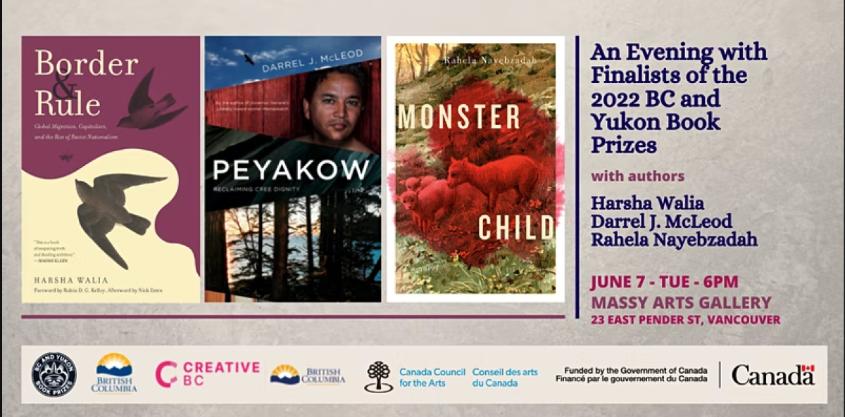 Promotional poster for BC and Yukon Book Prizes event featuring three book covers and event details for June 7 at Massy Arts Gallery in Vancouver.
