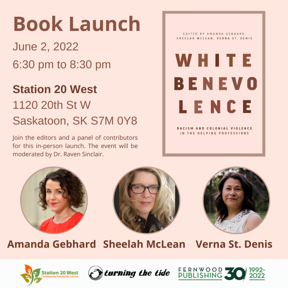 Book launch flyer for "White Benevolence" on June 2, 2022, featuring editors Amanda Gebhard, Sheelah McLean, and Verna St. Denis.