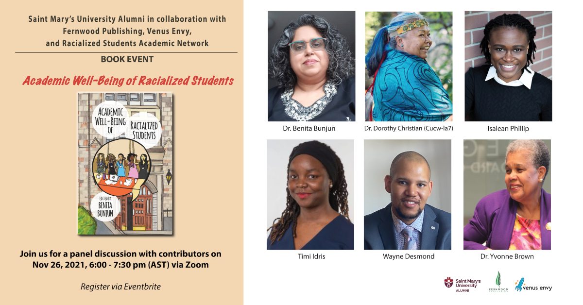 Book event flyer featuring six panelists discussing academic well-being of racialized students on November 26, 2021.
