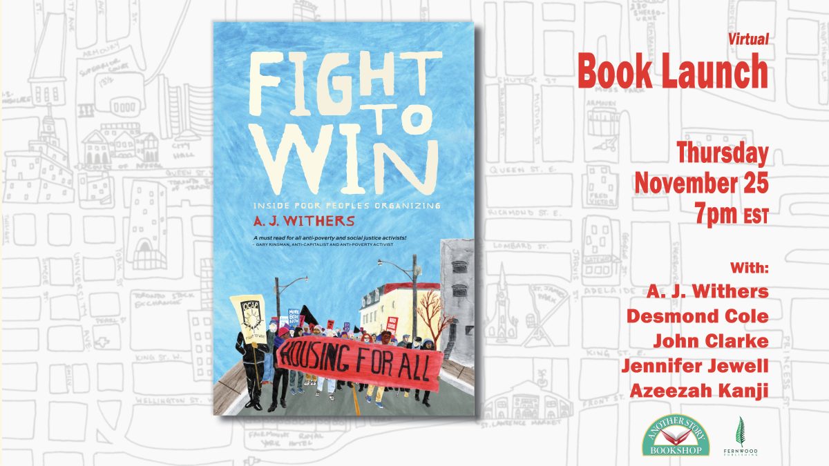 Book cover for "Fight to Win" by A.J. Withers displayed with virtual book launch details for November 25 at 7pm EST featuring multiple authors.