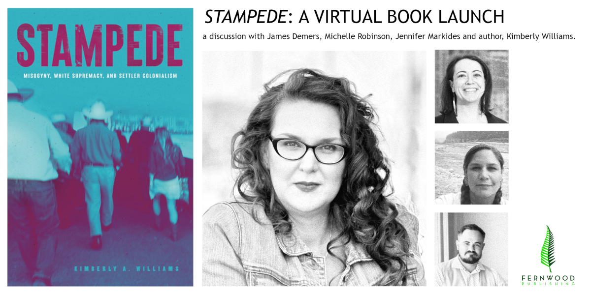 Book cover for "Stampede" alongside promotional photos for a virtual launch event featuring author Kimberly Williams and panelists.