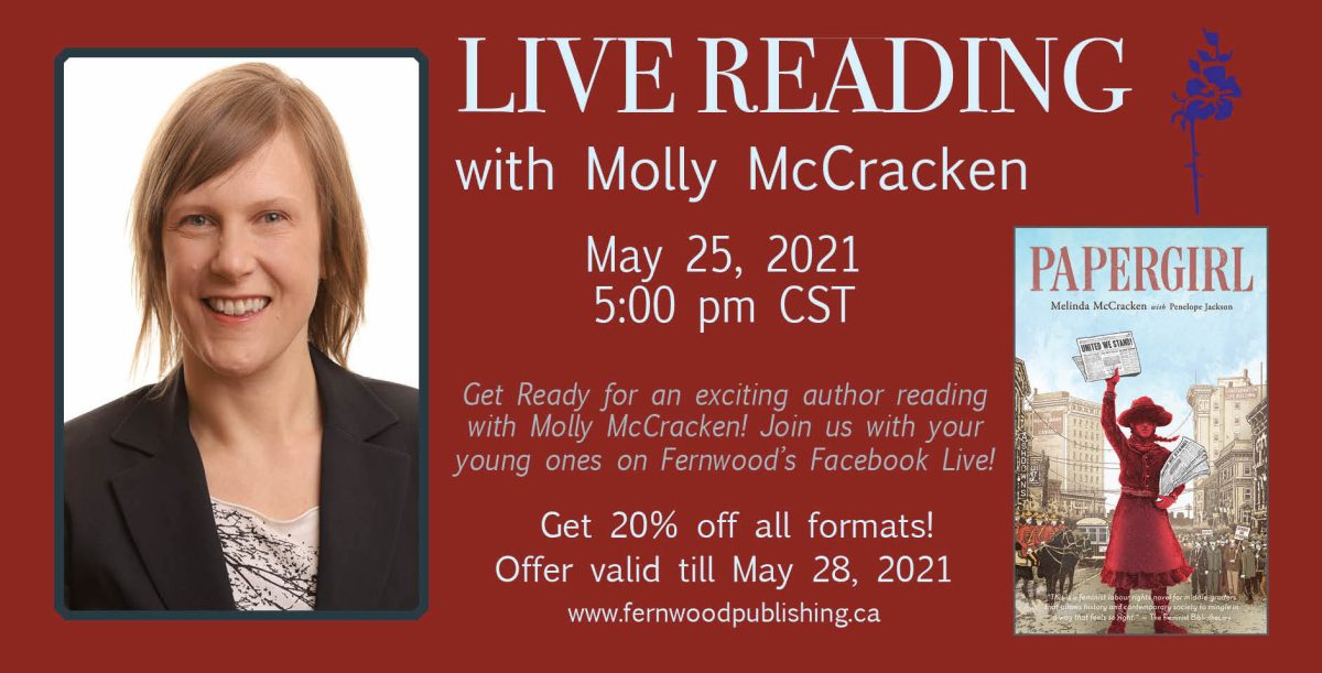 Promotional poster for live reading event featuring author Molly McCracken on May 25, 2021 at 5pm CST, with Papergirl book cover displayed.