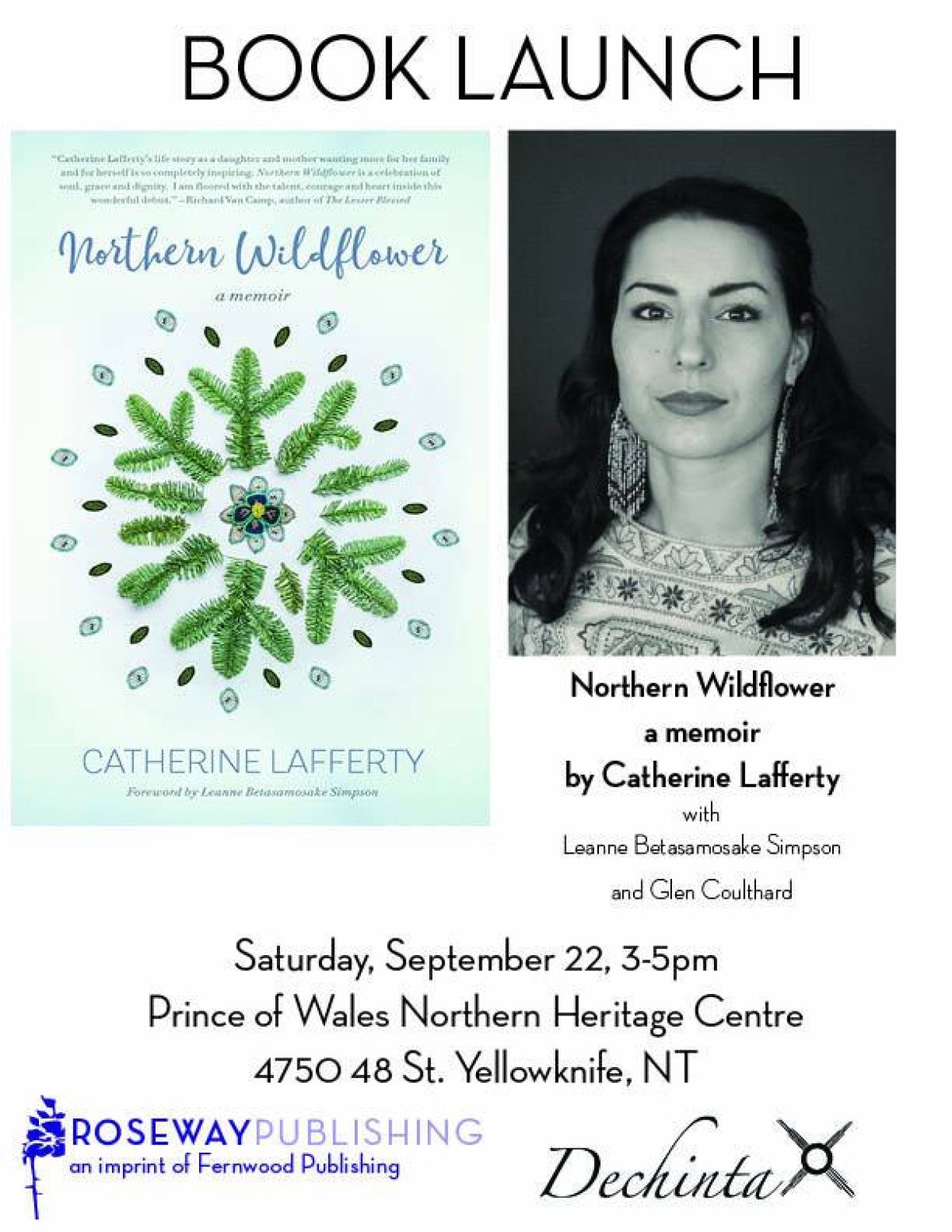 Book launch poster for Northern Wildflower memoir by Catherine Lafferty, September 22, 3-5pm at Prince of Wales Northern Heritage Centre, Yellowknife.