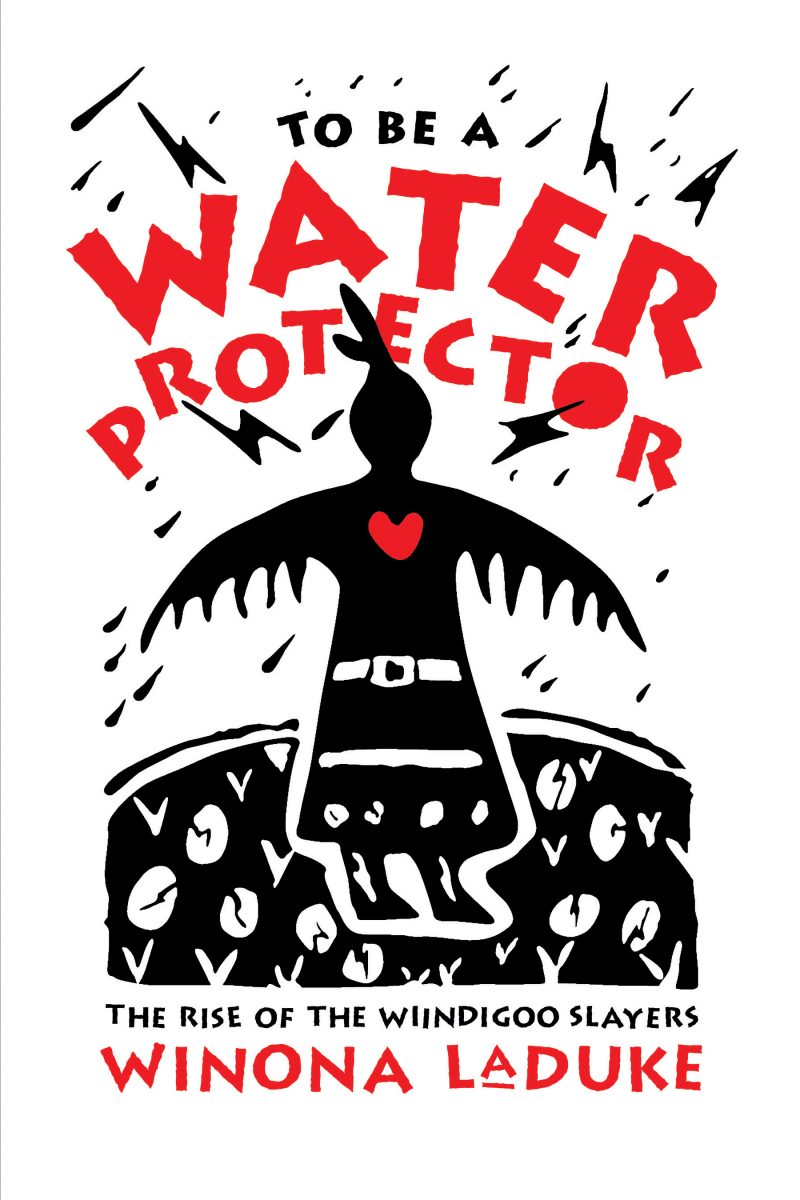 Book cover for "To Be a Water Protector" by Winona LaDuke, featuring a winged figure with a heart, surrounded by lightning and rain imagery.