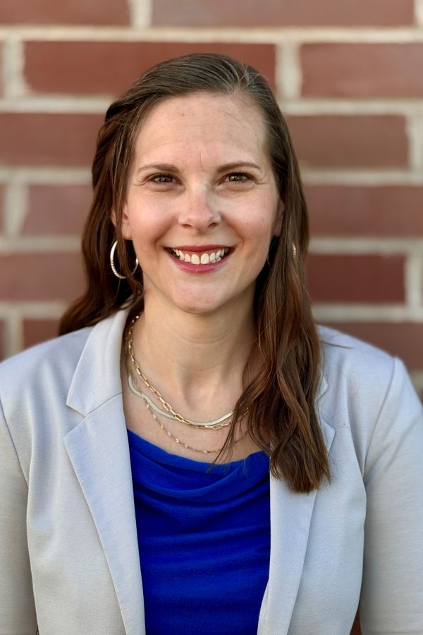 Professional headshot of a person with long brown hair wearing a light gray blazer and blue top, smiling in front of a brick wall.