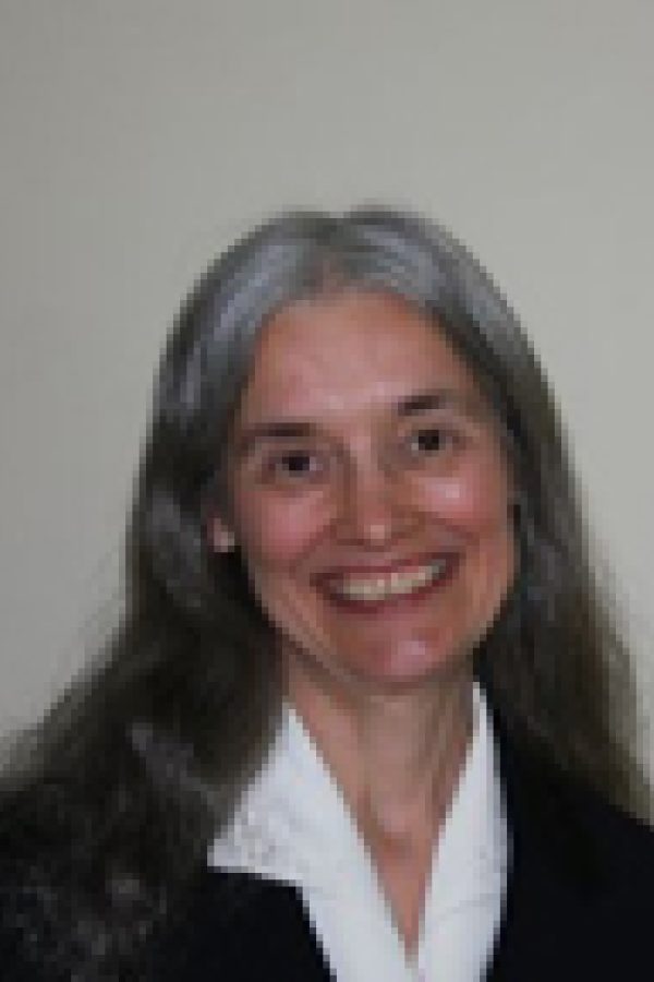 Professional headshot of a person with long dark hair and gray streaks, wearing a dark blazer over a white collared shirt, smiling at the camera against a gray background.