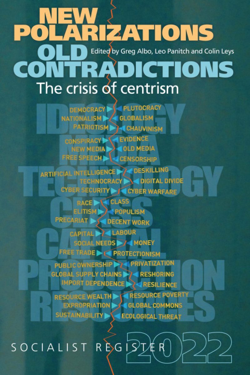Book cover titled "New Polarizations Old Contradictions: The Crisis of Centrism" listing opposing political and social concepts edited by Albo, Panitch, and Levys.