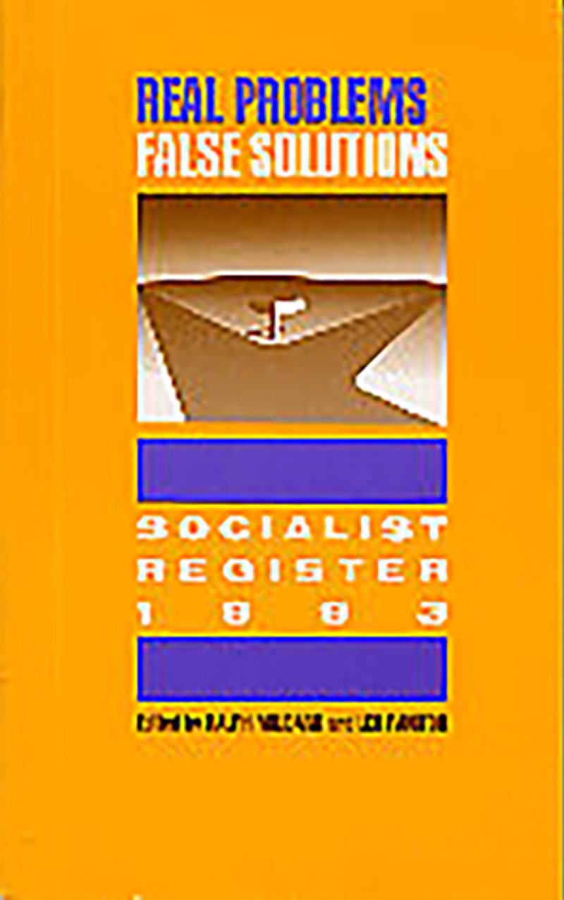 Cover of 1983 Socialist Register publication with yellow background, blue text, and image of an envelope with a flag.