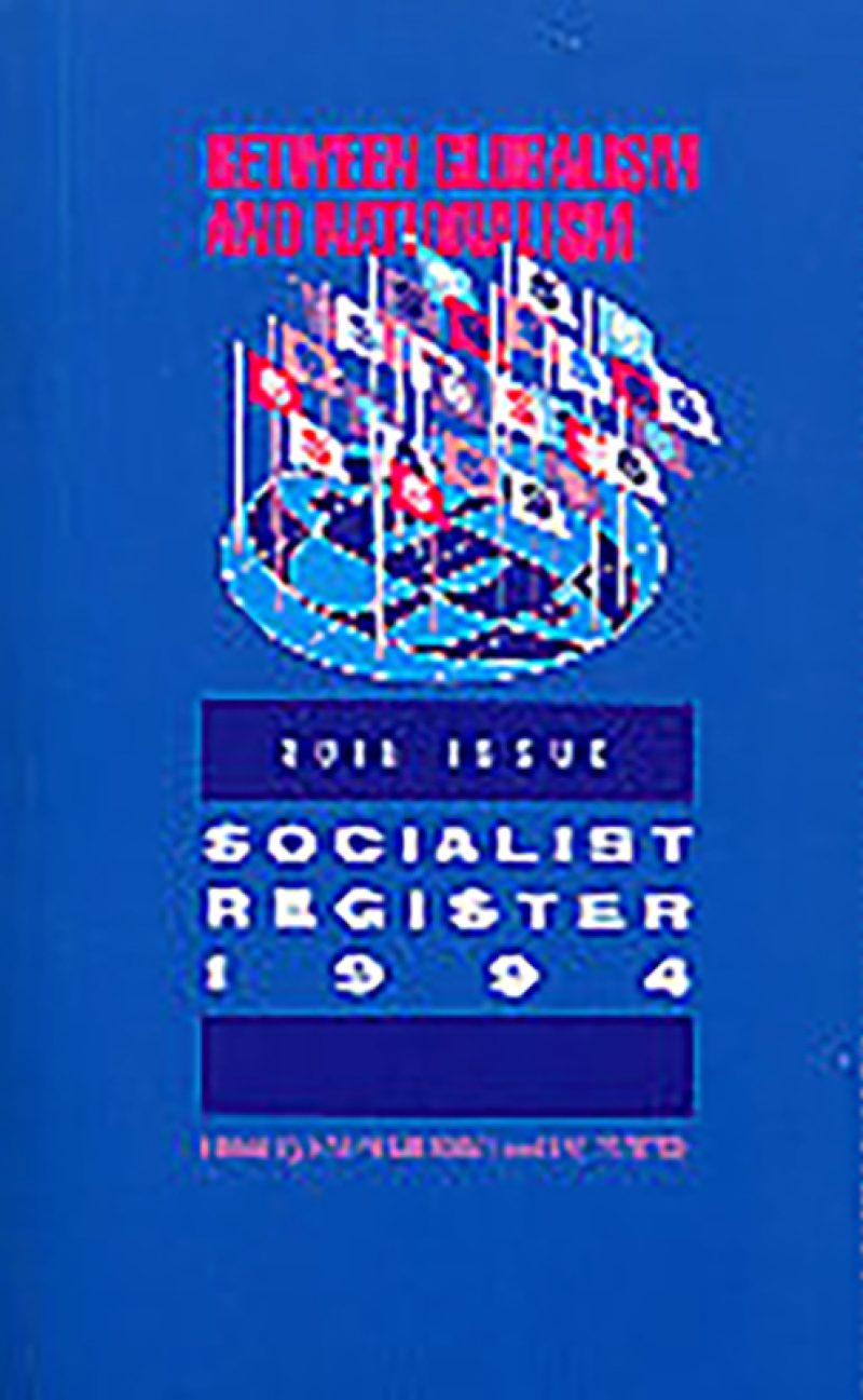 Blue retro-futuristic design with isometric graphics and red text reading "Berlin Dada 50 Ausstellung" and "Socialist Register 1994"