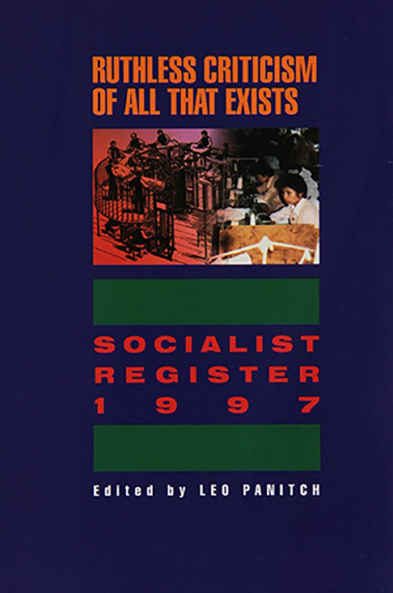 Book cover for "Ruthless Criticism of All That Exists: Socialist Register 1997" edited by Leo Panitch, featuring historical photographs on dark blue background.