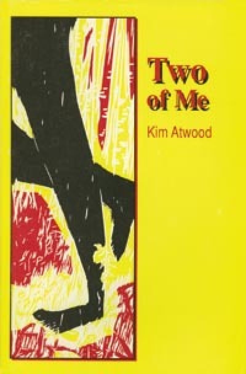 Book cover for "Two of Me" by Kim Atwood featuring bold black silhouette and red and yellow striped patterns on yellow background.