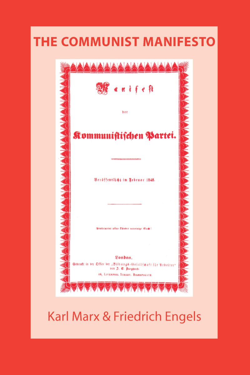 Cover of The Communist Manifesto by Karl Marx and Friedrich Engels, featuring the original German title page with red decorative border.