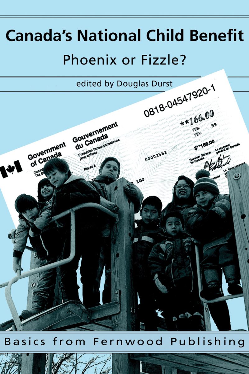 Book cover showing a family group on wooden stairs with a Canadian government child benefit check in the background.