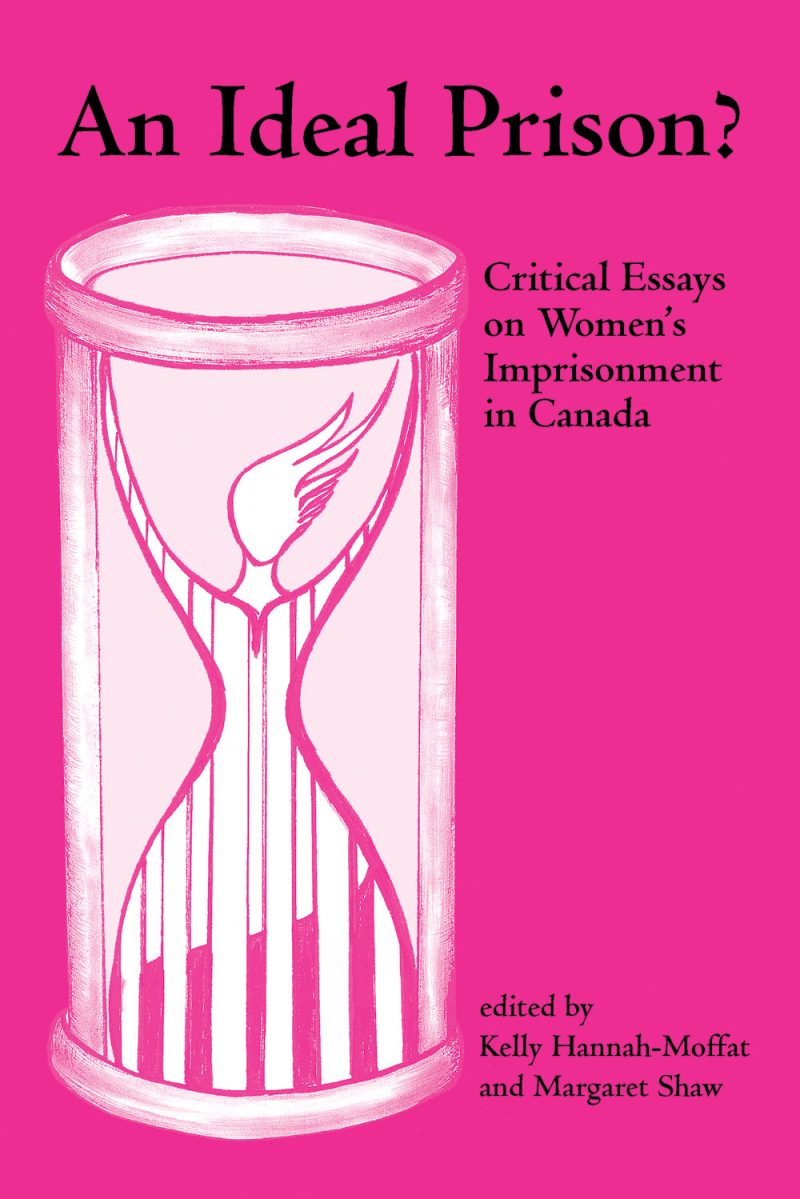 Book cover with pink background featuring an hourglass illustration and text about women's imprisonment in Canada.