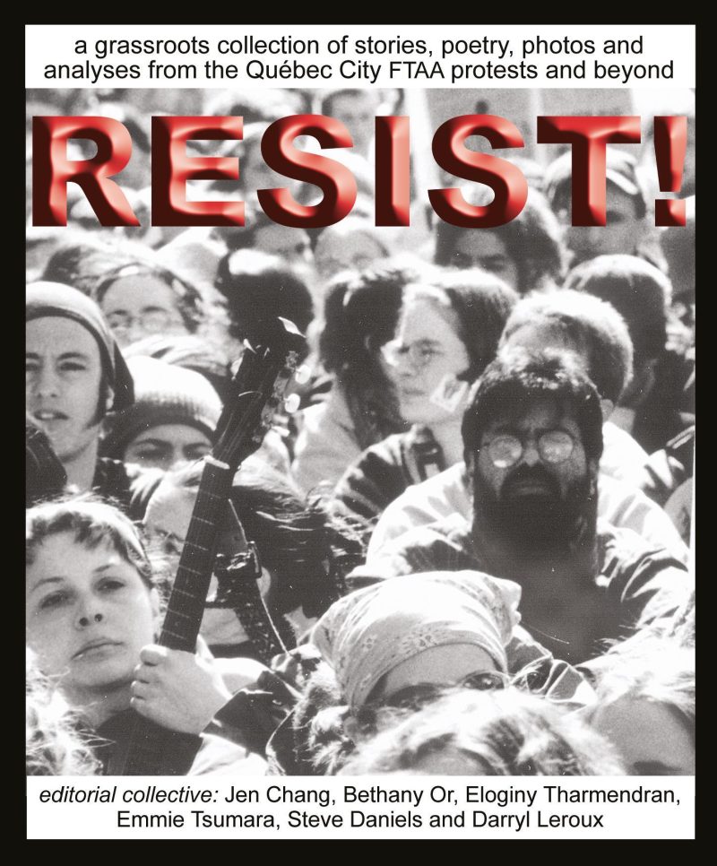 Cover of "RESIST!" publication featuring black and white photograph of people at a protest, with red title text and editorial collective credits.