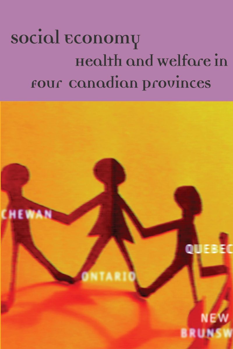 Three silhouetted figures holding hands on a gradient yellow-orange background with text about social economy health and welfare in four Canadian provinces.
