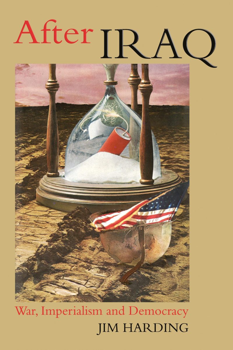 Book cover showing an hourglass with Iraqi flag sand and American flag on desert ground.
