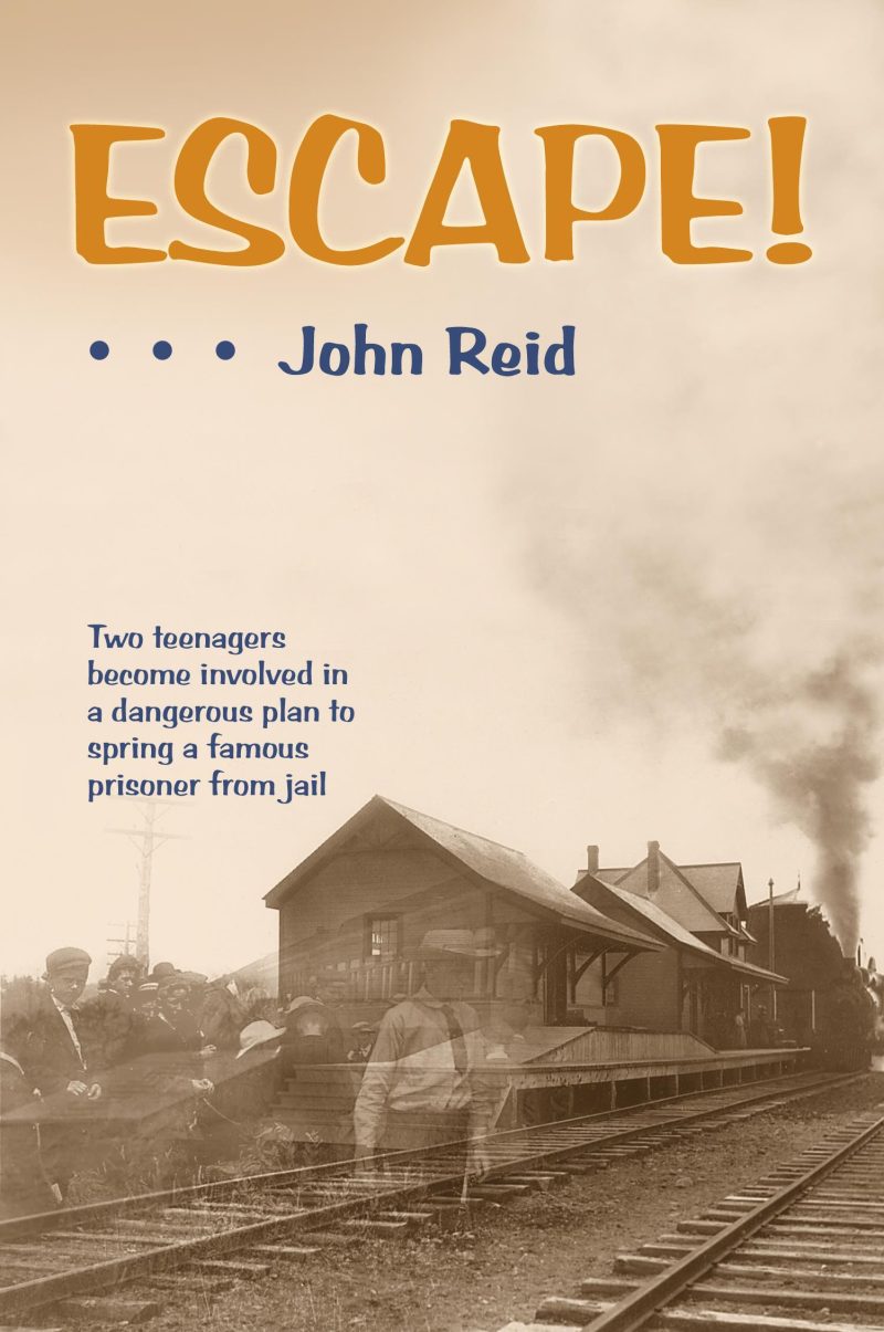 Book cover for "Escape!" by John Reid showing a vintage train station scene with railway tracks and buildings.