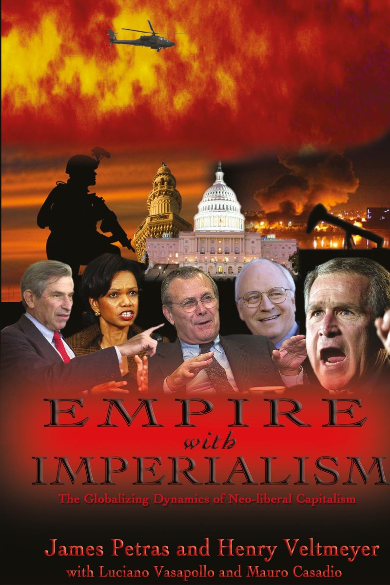 Book cover for "Empire with Imperialism" featuring five people, military helicopter, burning Capitol building, and flames against orange sky.