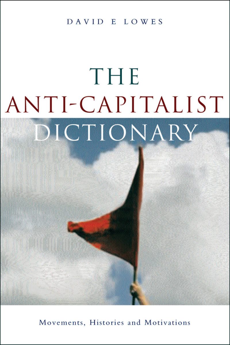 Book cover of "The Anti-Capitalist Dictionary" by David E Lowes featuring a red flag against a cloudy sky background.