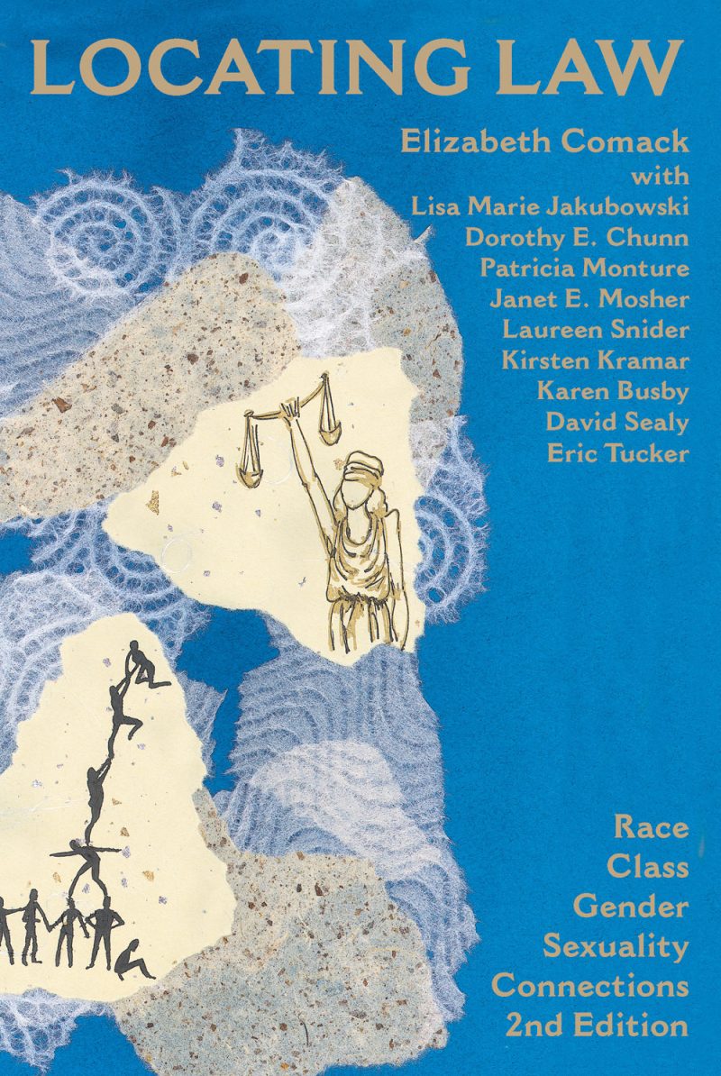 Book cover of "Locating Law" featuring silhouettes of people on a textured background with lace patterns in blue and cream tones.