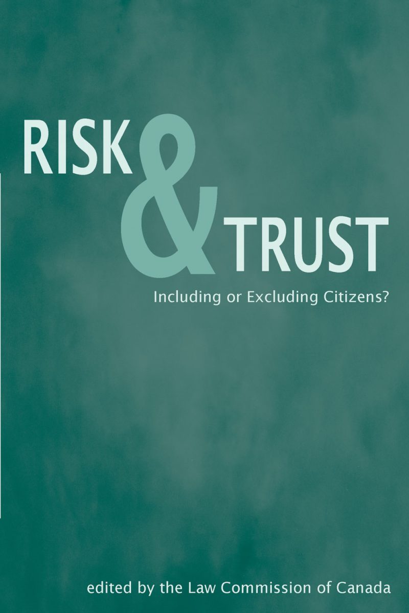 Book cover titled "Risk & Trust: Including or Excluding Citizens?" edited by the Law Commission of Canada, featuring teal textured background.