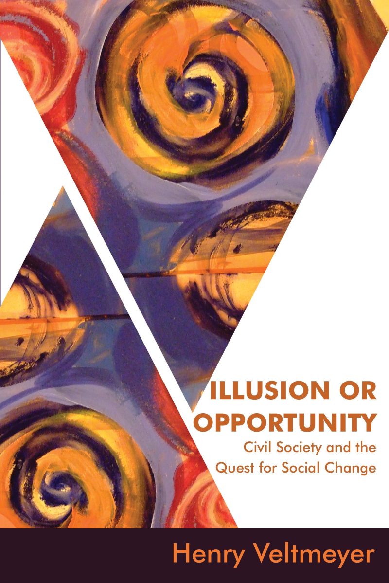 Book cover featuring spiraling gold and purple abstract design with the title "Illusion or Opportunity" by Henry Veltmeyer.