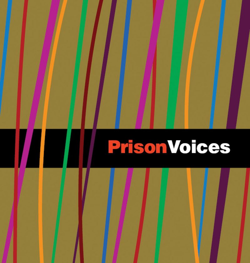 Prison Voices logo with colorful vertical stripes on olive background and black banner.