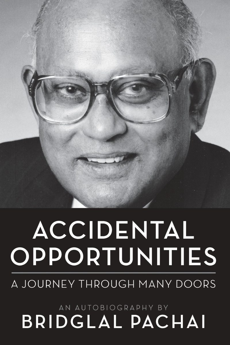 Book cover for "Accidental Opportunities" autobiography by Bridglal Pachai, featuring a black and white portrait photo of the author wearing glasses and a suit.