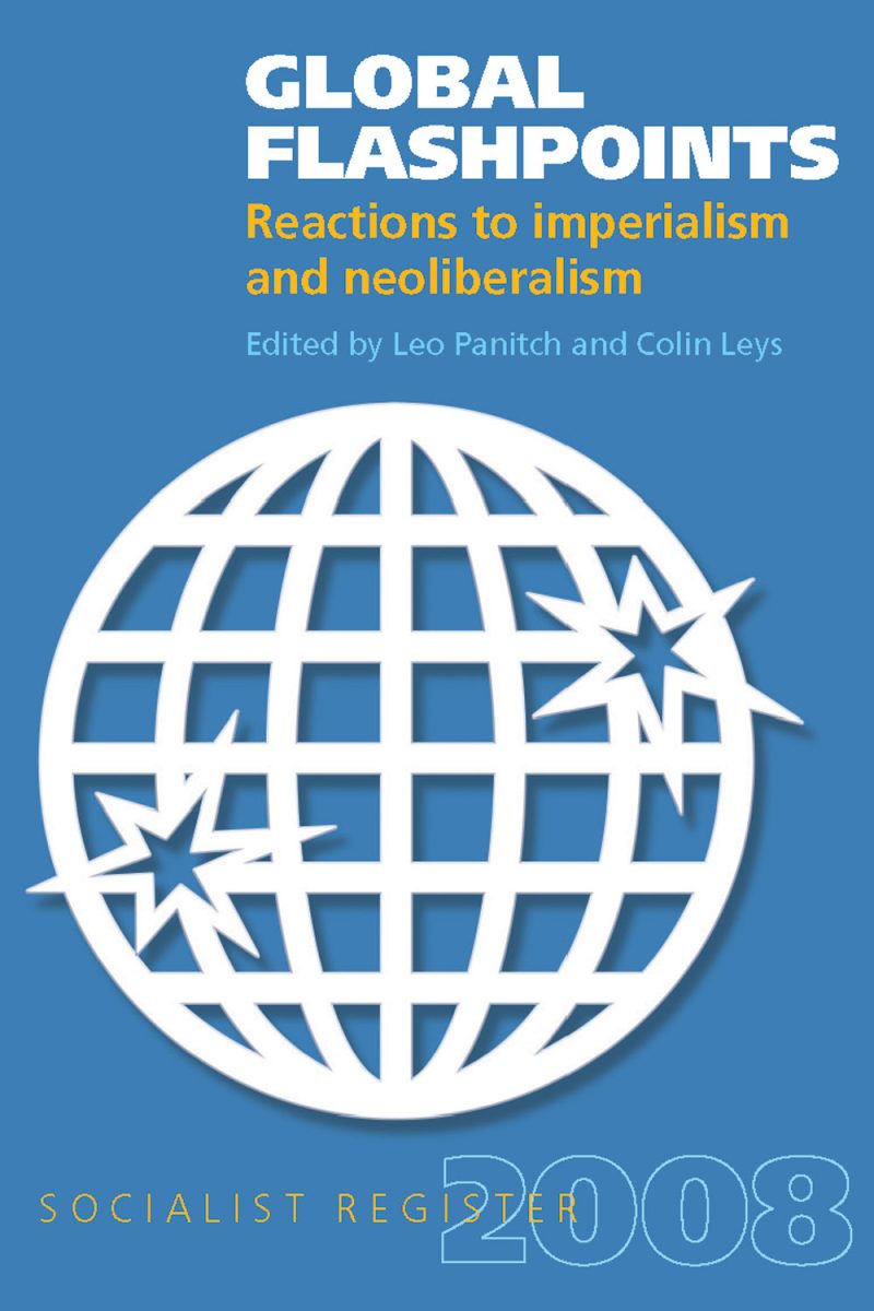 Book cover titled "Global Flashpoints" with globe graphic and bursting star symbols, edited by Leo Panitch and Colin Leys, published 2008.